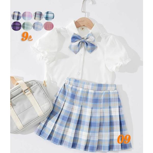 子供 セーラー服 女の子 学園 制服 学生服 マリン風 JK制服 靴下付き上下4点セット 白い半袖シャツ 蝶リボン チェク柄 膝丈 プリーツキュロット スカート キッズ