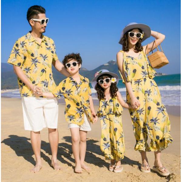 親子ペア 夏 パパと息子 メンズアロハシャツ パイナップルプリント 子供男の子カジュアルシャツ 夏 開襟シャツ 海リゾート旅行お出かけ美品 親子ペアル