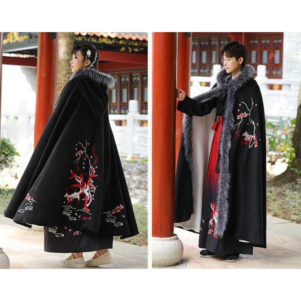 新品未使用 冬季バージョン 唐風刺繍入り 拝年服 フェイクファー付き改良版漢服セット 暖かい おしゃれ 新年イベント用 プレゼントにも最適 漢服唐装 男女兼用漢服マント 冬新作 暖かいファーマント メンズ