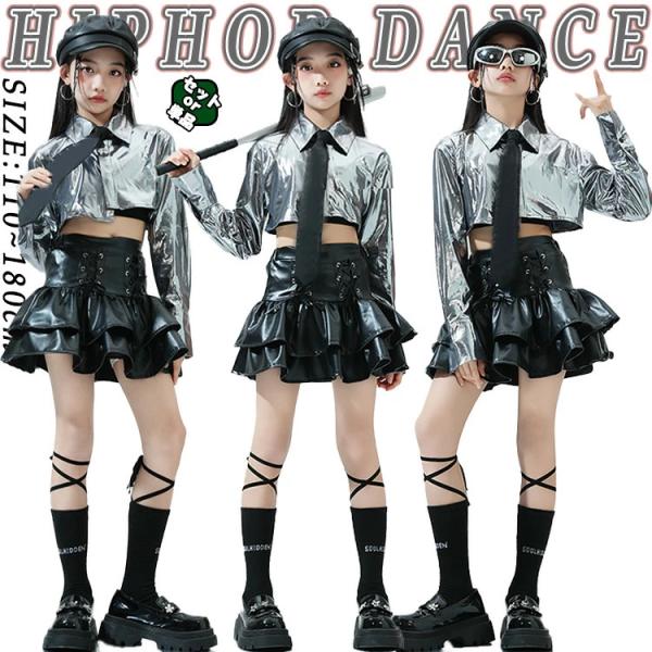 シルバー jazz チア チアガール 女の子 上下セット ショートトップ PU