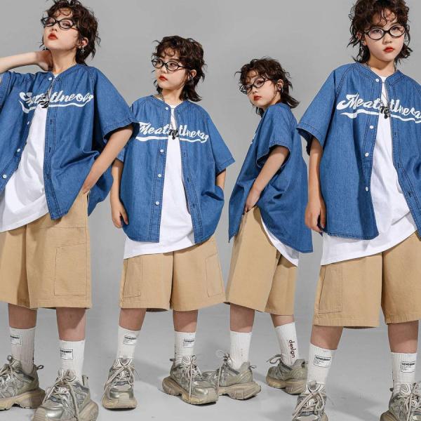 デニム ベースボールシャツ キッズ ダンス衣装 セットアップ 男の子 女の子 セットアップ ショートパンツ グレー Ｔシャツ ファッション かっこいい かわいい お