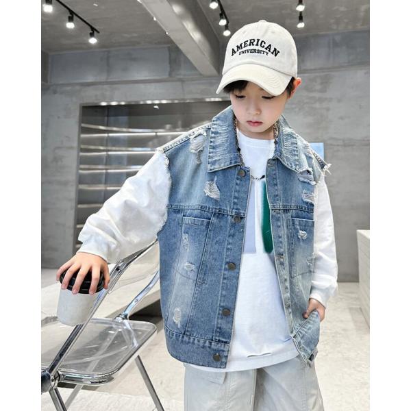 男の子デニムベスト  黒　ブルー　子供ファッション キッズ　カジュアル　ダメージ加工　ジャズ　通学アメカジ Gジャン ヒップホップジャズダンス衣装　春秋ベス