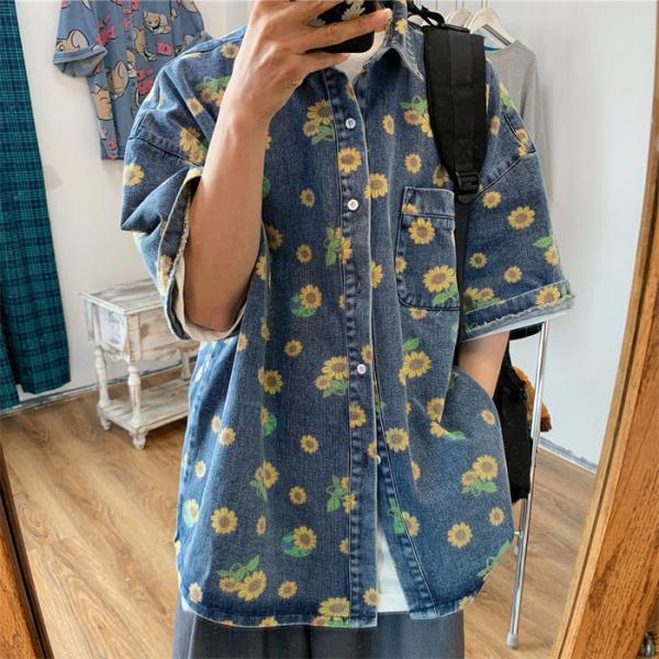 花柄 メンズ デニムシャツ トップス 半袖 シャツ ゆったり ボタン 軽量 
