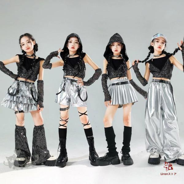 k-pop衣装 キッズダンス衣装  HIPHOP ヒップホップ 子供服 女の子 帽子付き 黒インナー トップス 銀スカート 短パンツ ロングパンツ へそ出し ガールズ  K-POP