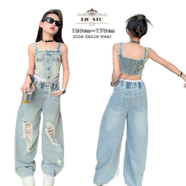 デニム ダンス衣装 ブルー 2点セット 女の子 ダメージパンツ タンクトップ 子供服 女の子 おしゃれ 演出服 hiphop キッズダンス ヒップホップ ダンス衣装 チーム