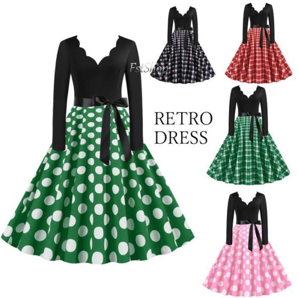 パーティードレス半袖 レトロワンピース水玉柄フレアワンピース 社交