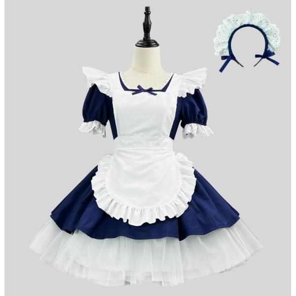 メイド服 レディースコスプレ 衣装 ショート丈 メイドワンピース エプロン 髪飾り パニエ付き 定番 半袖ドレス ハロウィン 仮装 コスチューム こすぷれ 可愛い