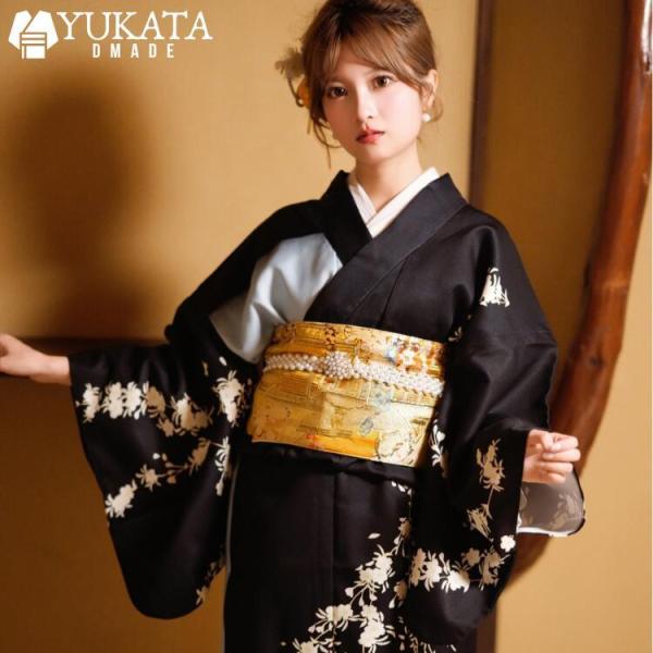 浴衣 レディース 黒 花柄 8点セット 振袖 帯 下駄 兵児帯 花火大会 夏