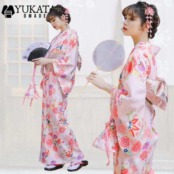 【あつこせんせい】花柄浴衣と帯、帯締め、巾着、下駄の5点セット あつこせんせい】花柄浴衣と帯、帯締め、巾着、下駄の5点セット