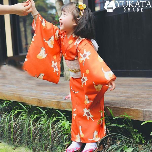 浴衣 子供 子猫 猫 猫柄 女の子 キッズ セット オレンジ 白 腰ひも