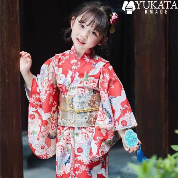 キッズ 浴衣 花柄 鶴 鶴柄 千羽鶴 女の子 子供 8点セット 腰ひも 帯