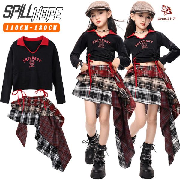 チアガール へそ出し キッズ ダンス衣装 セットアップ 女の子 長袖 Ｔシャツ ブラック ショート丈 スカート チェック柄 ファッション かっこいい かわいい おし