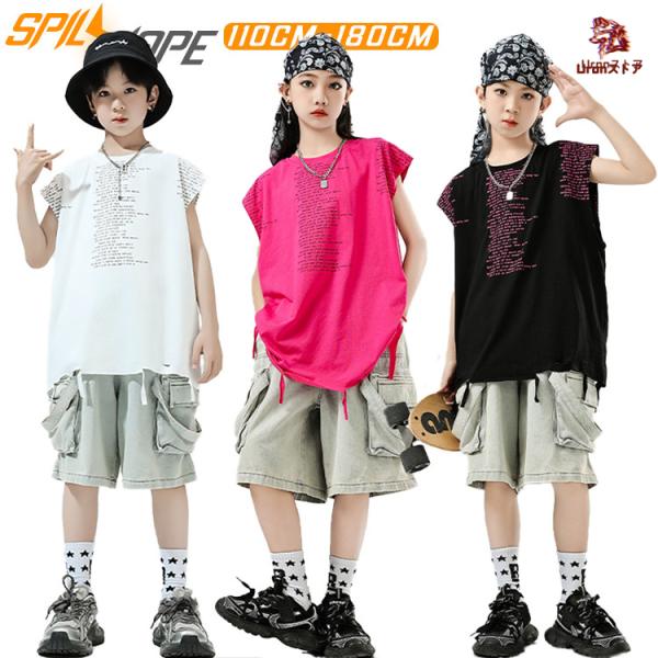 白い 黒い ローズ ブルー 総柄 女の子 男の子 キッズ ダンス衣装 セットアップ トップス デニム短パン カーゴパンツ かっこいい ジャズ ヒップホップ hiphop 韓