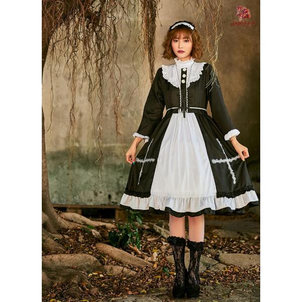 ハロウィン コスプレ衣装 メイド服 長袖 ビッグスリーブ メイドコス ミモレ丈 シスターコスチューム ハイネック Ａライン 裾フリル レディース 大人 シスター 聖