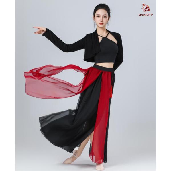 レディース古典舞踊ダンス衣装3点セット 黒＋赤 中華古典風 ジャズ