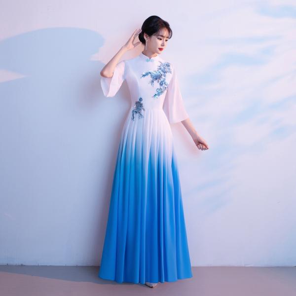 グラデーション古典ダンス衣装 チャイナ服 漢服 唐装 レディース 中国民族ダンス衣装 古典舞踊 バレエモダンドレス 中華服 華流舞台ステージ衣装 白青 花 ロング