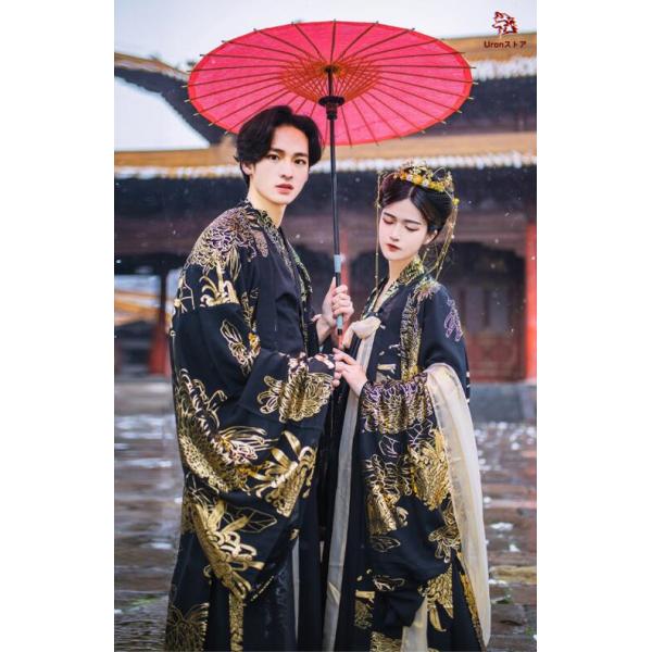 中華コスプレ衣装 メンズ レディース 漢服 唐装 華流コスチューム 大人 ハロウィン 暗黒系 チャイナ服 仮装 変装3点セット 黒に金プリント 花柄 華やか 唐時代