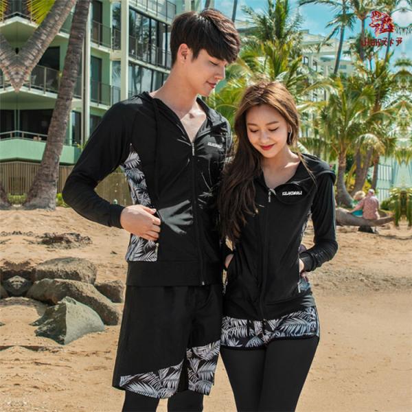男女8点セット ペア水着 カップル 水着 ラッシュガード 黒 フィットネス カップル水着 レディース ラッシュガード UVカット 体型カバー フード付き メンズ水着