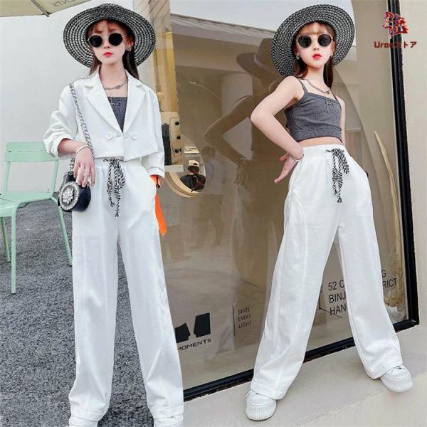 キッズダンス衣装 白 スーツ 女の子 へそ出し トップス 大人っぽい セットアップ 韓国 k-pop 子供服 ヒップホップ ジャズ レッスン イベント 舞台 hiphop 120 13