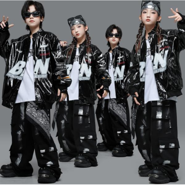 キッズ ダンス衣装 セットアップ ヒップホップ レザー ジャケット 黒