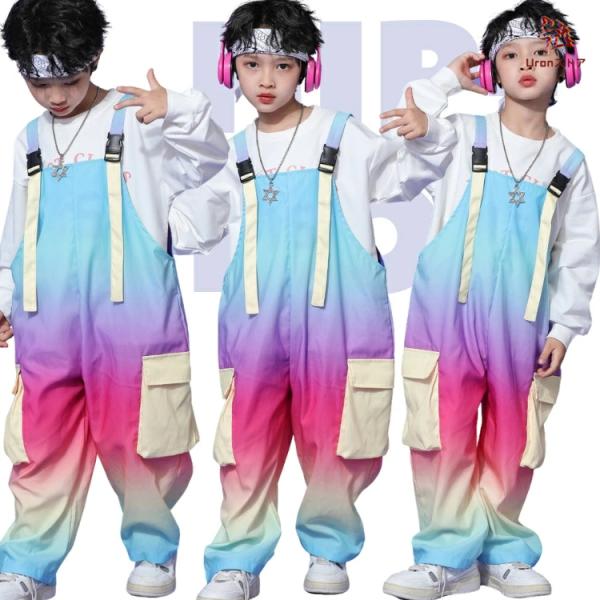 Man ソフビ服メンカラストライプサロペットセット ヒップホップ レインボー キッズダンス 衣装 サロペット セットアップ