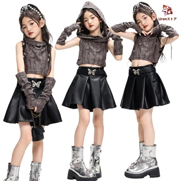 キッズダンス衣装 チア ヘソ出し 女の子 コーヒートップス 黒 レザースカート 子供服 ヒップホップ ジャズ ステージ衣装 無地 おしゃれ  jazz 演出服 ノースリー