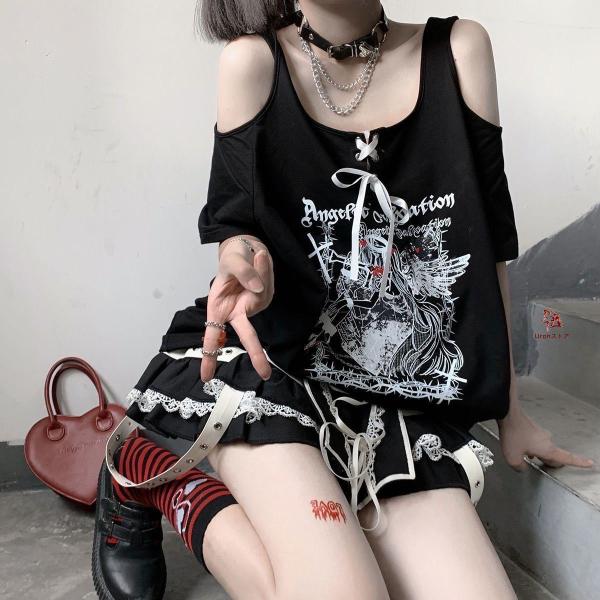 レディース 地雷服 地雷系 肩あきトップス 肩出し オープンショルダー 白tシャツ 黒tシャツ レディースtシャツ ティシャツ ティーシャツ 着丈 長め tシャツ Tシ