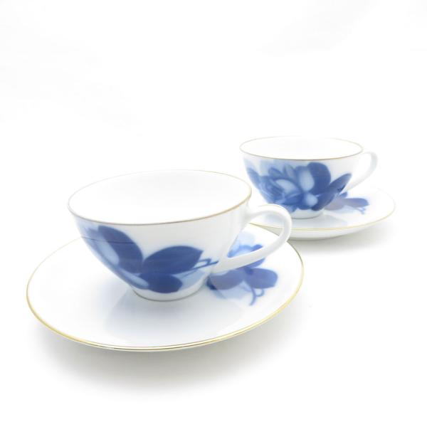 大倉陶園 美品 OKURA ブルーローズ ティーカップ＆ソーサー 2客 ペア