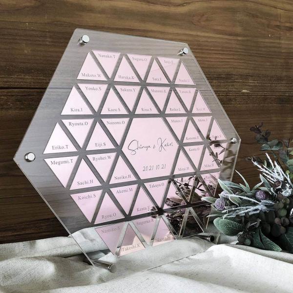 ミラーアクリルが綺麗なゲスト様とみんなで作る参加型結婚証明書です。ピンクゴールドの上品な雰囲気は結婚式の演出にぜひおすすめです。ゲスト様にピースをはめ込んでいただき、最後に新郎新婦様が中央にプレートをはめ込んで完成致します。祝福がつまった結...