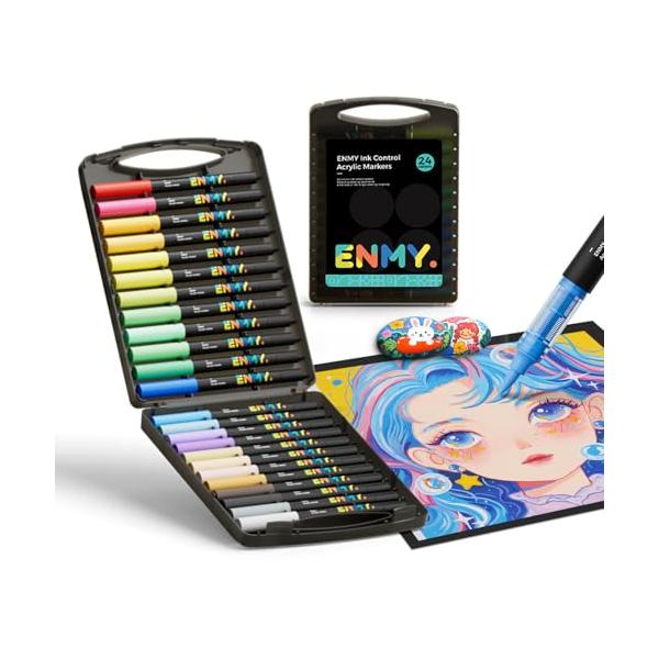ENMY 24色セット 直液式 アクリルマーカー イラストマーカー 水性 筆ペン アートマーカー 美術 漫画 ファブリック 編み物マーカー キャンバス/ガラス