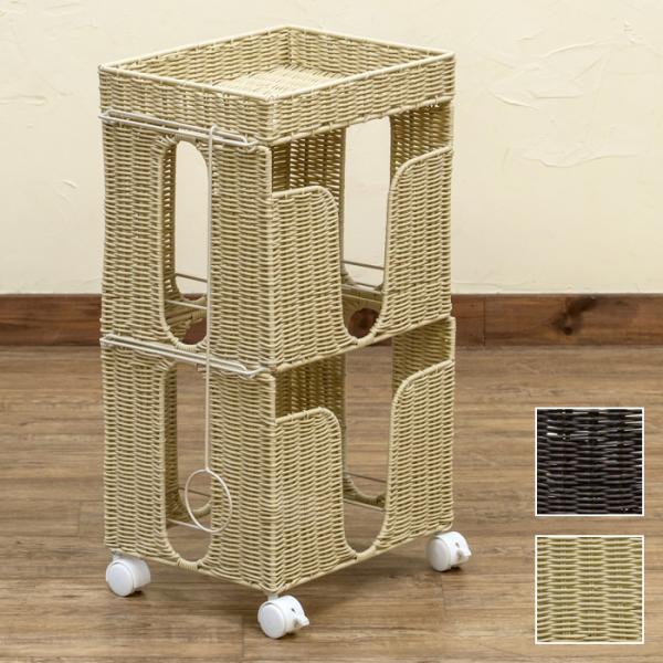 サカベ 新聞ストッカー 2段 紐通し ラタン調 おしゃれ キャスター 新聞