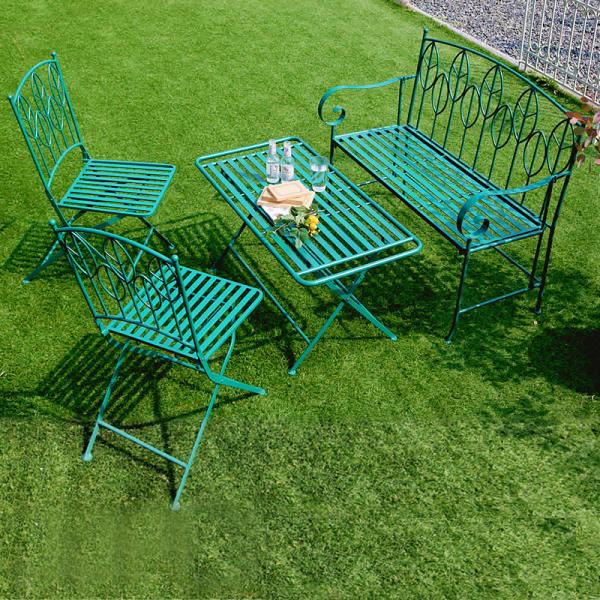 新品！折りたたみアイアンガーデンベンチ　庭椅子　グリーン ガーデンテーブル 4点セット ローテーブル 折り畳み 折りたたみ