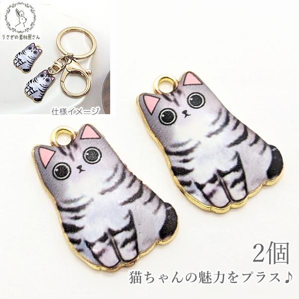 チャーム 猫 パーツ 24mm 2個 グレー系 灰色 エポチャーム