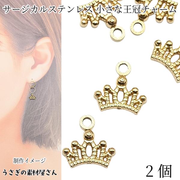 SOLD◆ハンドメイド オッドアイ ウサギ チャーム ピアス アンティーク 王冠 王冠 チャーム 6mm×9mm 2個 ゴールド色 ミニ クラウン アレルギー対策
