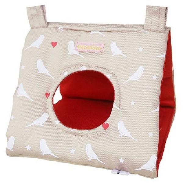 小型インコ楽しく遊べるさんかくトンネル。シックでおしゃれなセキセイインコプリント！【サイズ】幅約１５ｃｍ　奥行約１４ｃｍ　高さ約１３ｃｍ　取り付け部分約８ｃｍ　【素材】コットン、ポリエステル【販売元】レインボー　大阪府摂津市商品の色、柄、素...