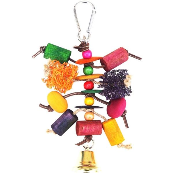 レザーや木製パーツ・ココナッツやヘチマなどを使ったカラフルでエスニックな楽しい手作りおもちゃです。小鳥さんがこっちにひっぱってリンリン！あっちに押してリンリン！ヘチマやココナッツが盛りだくさん！【サイズ】幅：約１０ｃｍ高さ：約１４ｃｍ取り付...