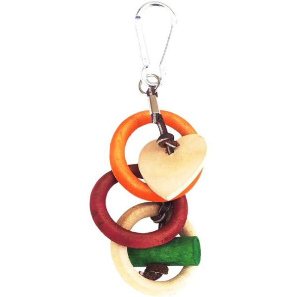 レザーや木製パーツ・ココナッツやヘチマなどを使ったカラフルでエスニックな楽しい手作りおもちゃです。ガジガジかじって遊んではずすたのしい知恵の輪。【サイズ】幅：約５ｃｍ高さ：約１２ｃｍ取り付け部分：約５ｃｍ【原材料】天然木、レザー【原産国】フ...