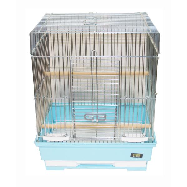 文鳥などに丁度いい大きさの手乗りカゴ。全面扉が広く開きます。２面扉の角に付いている３つのツメを折り曲げて組み立ててください。【サイズ】325×270×400mm【底色】ブルー【セット内容】止まり木×２、エサ入れ×２【販売元】ジービー　愛知県日進市