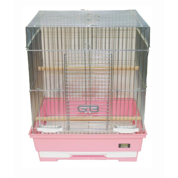 文鳥などに丁度いい大きさの手乗りカゴ。全面扉が広く開きます。２面扉の角に付いている３つのツメを折り曲げて組み立ててください。【サイズ】325×270×400mm【底色】ピンク【セット内容】止まり木×２、エサ入れ×２【販売元】ジービー　愛知県日進市