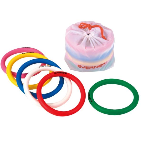 柔らかくて小さな手でも握りやすい！品　番：EGA160サイズ：外径18cm　直径2cm重　量：100g/個材　質：PVC付属品：収納袋付カラー：赤、白、青、黄、緑、ピンク生産国：日本入　数：6色組幼稚園・保育園・小学校低学年向