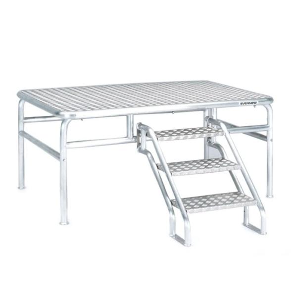 耐腐食性に優れたオールアルミ製天板の枠も含めて丸パイプを採用して安全も確保ステップが天板にかからない構造だから使わない時は内側に収納が出来る。品　番：EKA505サイズ：長さ180cm×幅120cm×高さ80cm踏　面：長さ22cm重　量：...