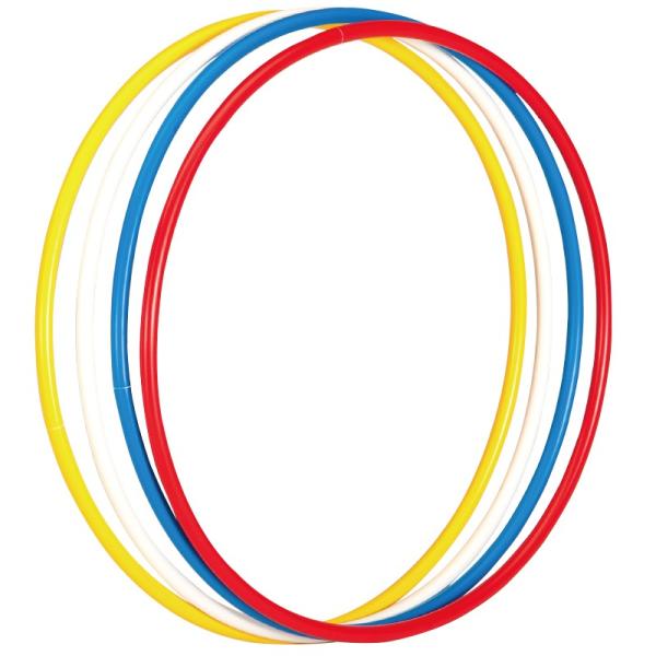 体操用のリングです。品　番：EKB195サイズ：外径65cm　パイプ径：1.8cm重　量：215g/本材　質：ポリエチレンカラー：白、赤、黄、青生産国：日本入　数：4色1組
