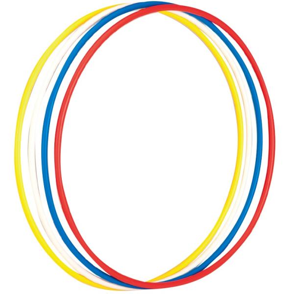 体操用のリングです。品　番：EKB196サイズ：外径82cm　パイプ径：1.8cm重　量：270g/本材　質：ポリエチレンカラー：白、赤、黄、青生産国：日本入　数：4色1組