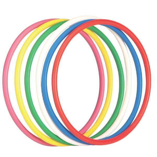 体操用のリングです。品　番：EKB191サイズ：外径42cm　パイプ径：1.8cm重　量：150g/本材　質：ポリエチレンカラー：白、赤、ピンク、黄、緑、青生産国：日本入　数：6色1組