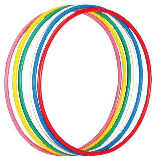 体操用のリングです。品　番：EKB192サイズ：外径65cm　パイプ径：1.8cm重　量：215g/本材　質：ポリエチレンカラー：白、赤、ピンク、黄、緑、青生産国：日本入　数：6色1組