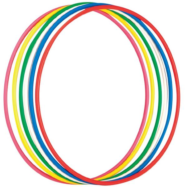 体操用のリングです。品　番：EKB193サイズ：外径82cm　パイプ径：1.8cm重　量：270g/本材　質：ポリエチレンカラー：白、赤、ピンク、黄、緑、青生産国：日本入　数：6色1組