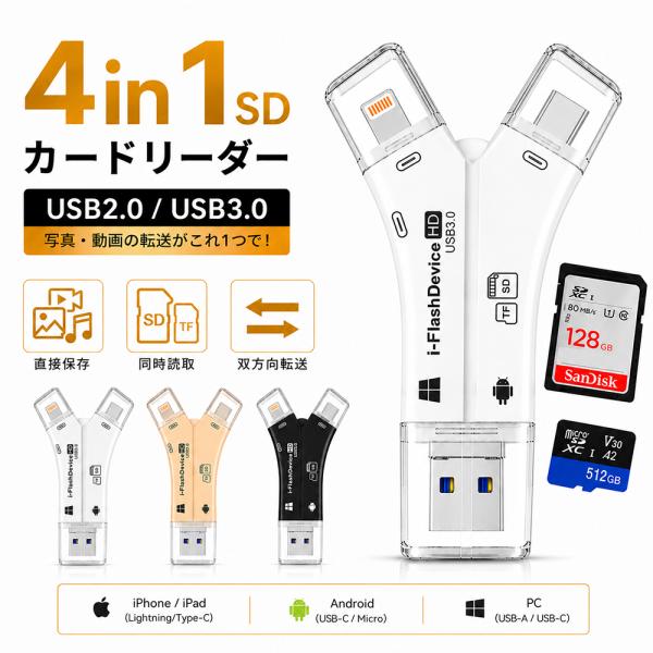 4in1 SDカードリーダー iPhone Android PC対応 SD/MicroSD 同時読み取り USB-C Lightning USB-A Micro USB 写真 動画 双方向転送 USB2.0/USB3.0 データ移行 高速