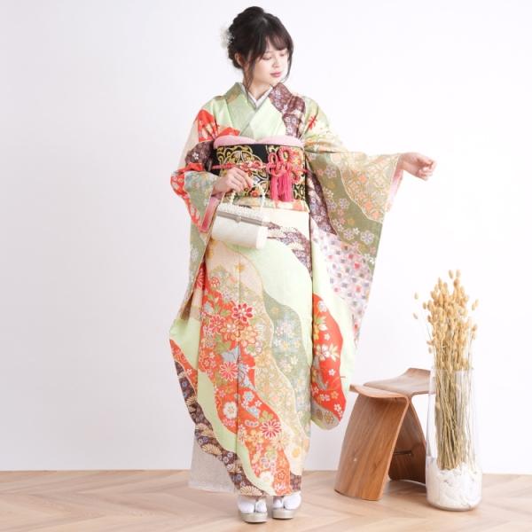 (あ902)アンティーク振袖㊗️淡い緑の葉に淡いオレンジ系の花模様⑤点セット 振袖 レンタル 成人式 21点セット レトロ 成人式セット 花 緑系