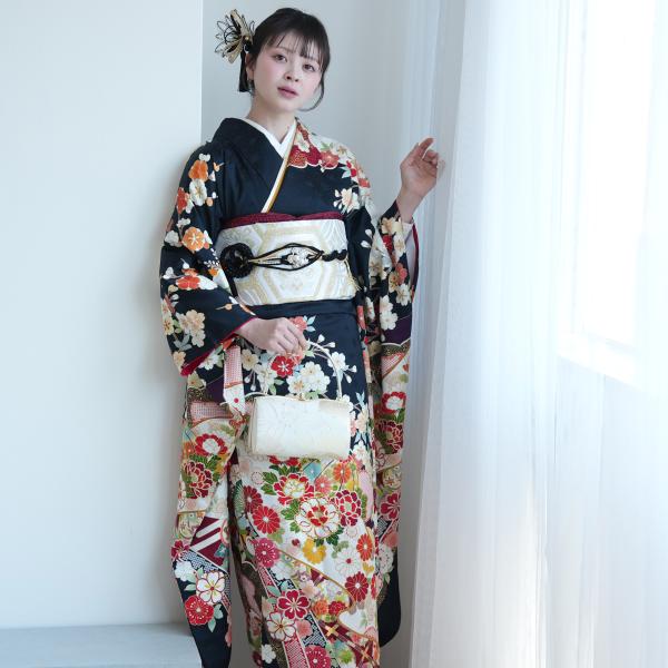 レンタル 振袖 正絹 21点セット ダークネイビーに古典四季花 着物セット 女性 成人式 結婚式 前撮り 結納 20歳 20才 二十歳 二十才 ※2027年1月予約空きなし