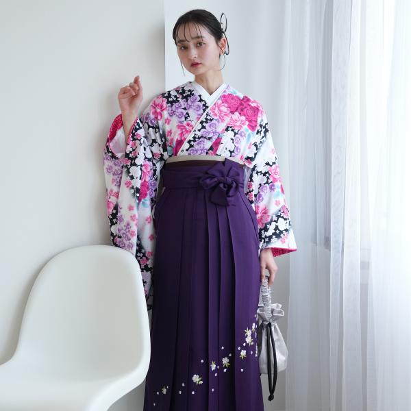 袴 レンタル 卒業式 2尺袖着物 袴 17点セット レトロ 袴セット 卒業式 バラ 黒系 ピンク 紫 艶やか胡蝶蘭とバラ
